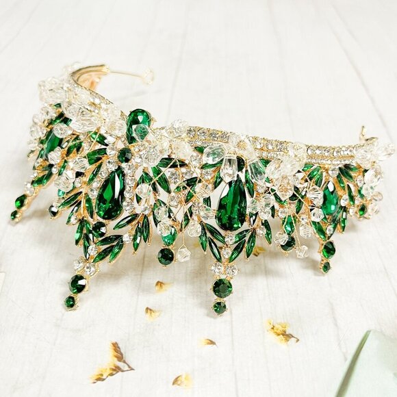 Victorian tiara, Green Crystal crown, Flower girl crown, Birthday Princess tiara